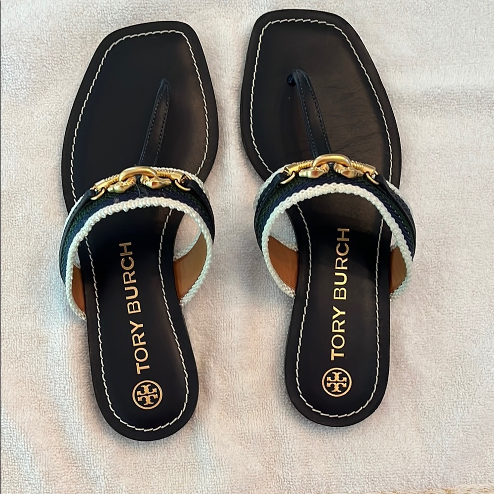 Tory Burch Navy and Tan Sandals with Gold Chain Detail